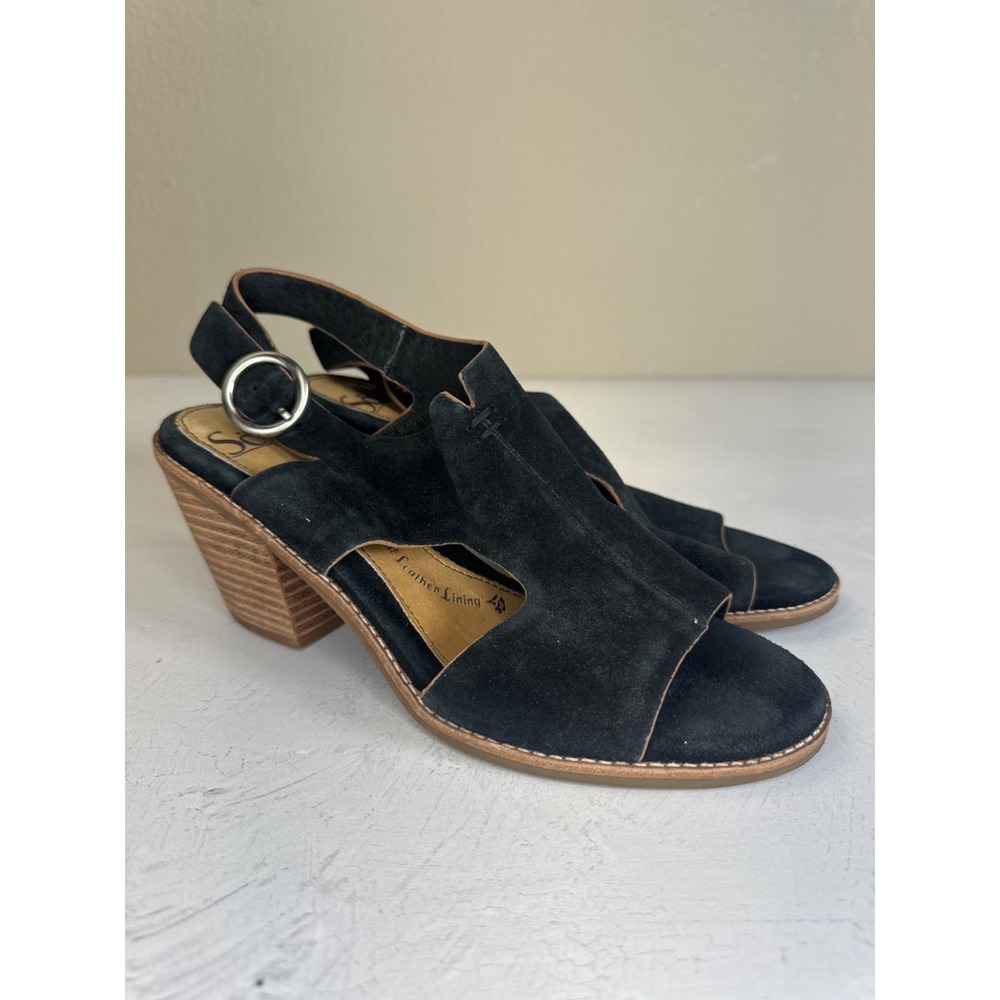 Softt Womens Black Suede Slingback Heeled SandalsWooden Look Heel Size 9